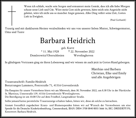 Traueranzeige von Barbara Heidrich von Rheinische Post