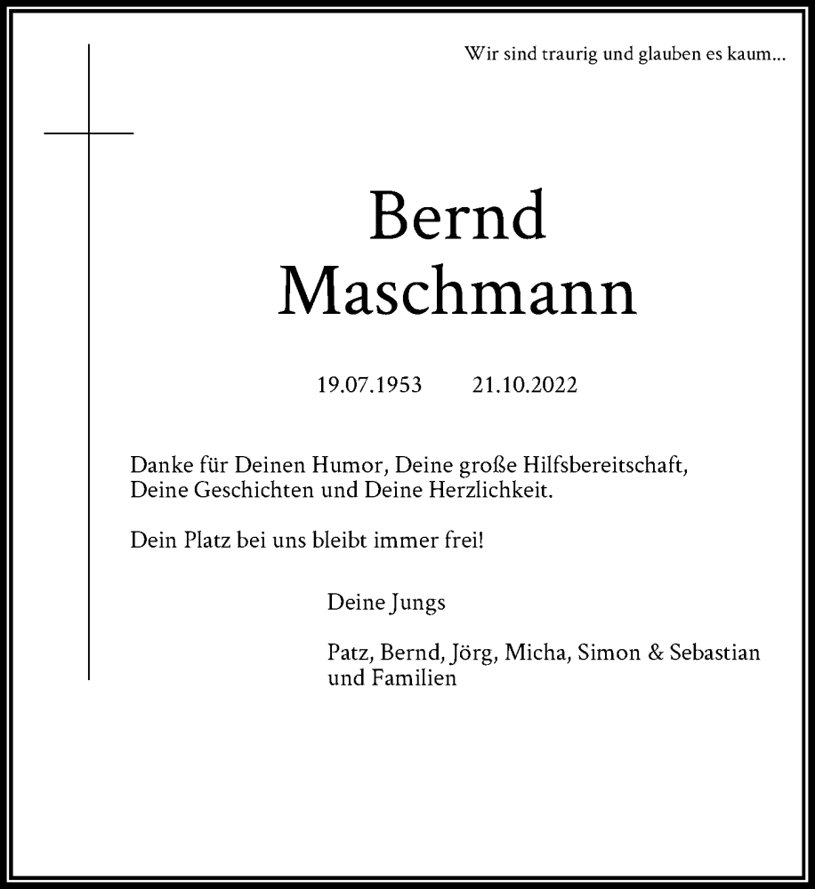  Traueranzeige für Bernd Maschmann vom 19.11.2022 aus Rheinische Post