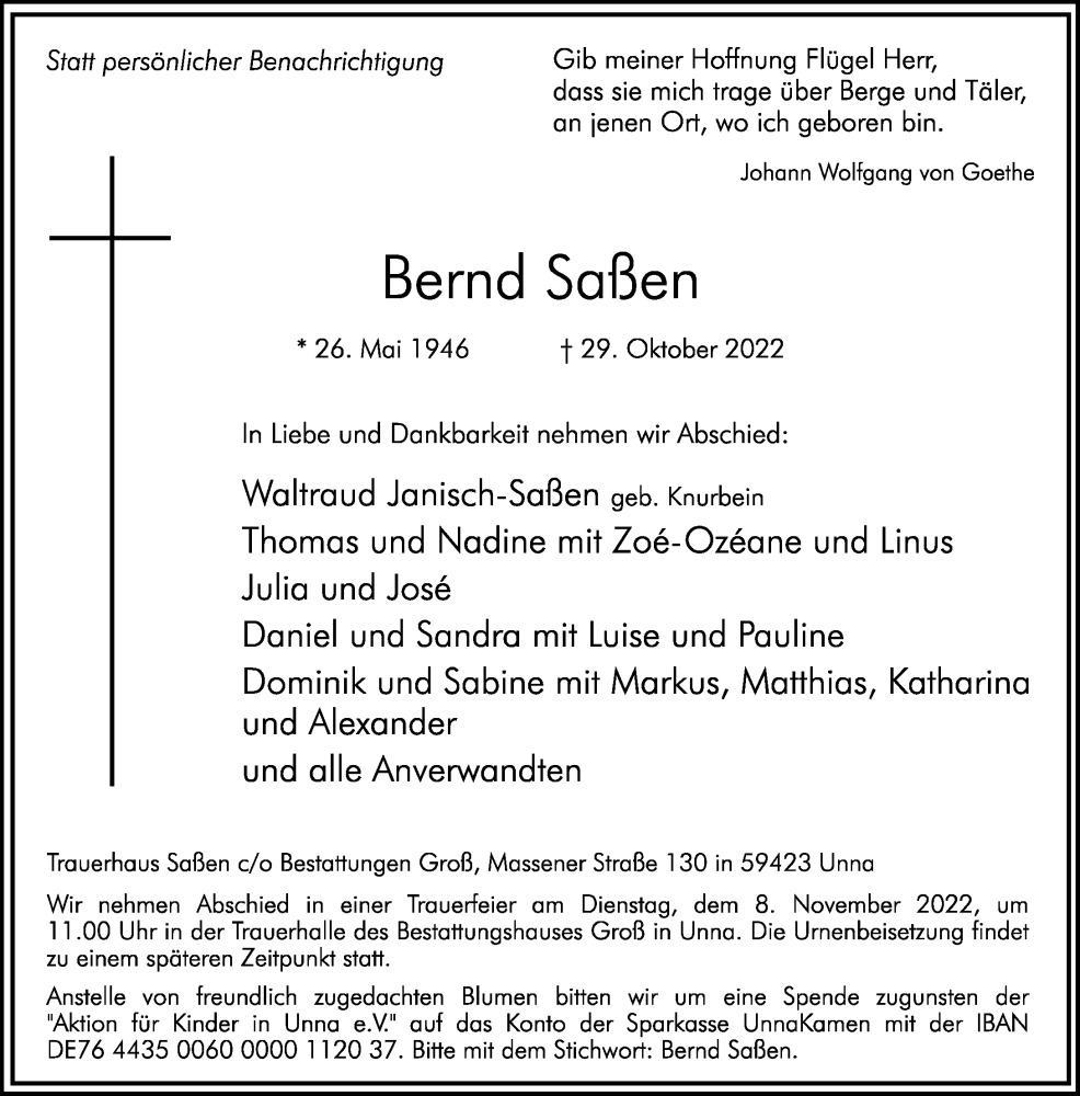  Traueranzeige für Bernd Saßen vom 03.11.2022 aus Rheinische Post