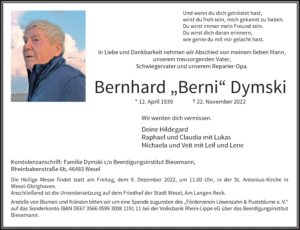  Traueranzeige für Bernhard Dymski vom 26.11.2022 aus Rheinische Post