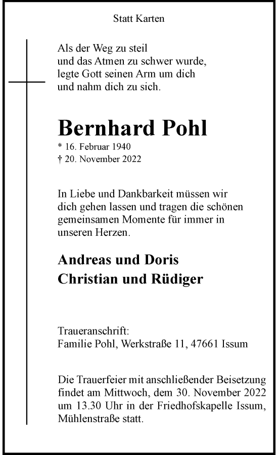 Traueranzeige von Bernhard Pohl von Rheinische Post