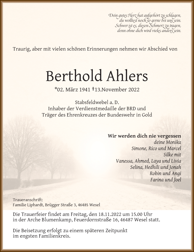  Traueranzeige für Berthold Ahlers vom 15.11.2022 aus Rheinische Post