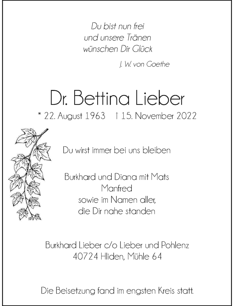  Traueranzeige für Bettina Lieber vom 26.11.2022 aus Rheinische Post