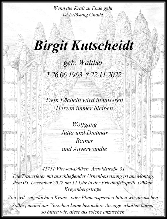 Traueranzeige von Birgit Kutscheidt von Rheinische Post
