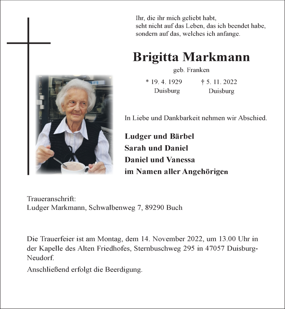  Traueranzeige für Brigitta Markmann vom 12.11.2022 aus Rheinische Post
