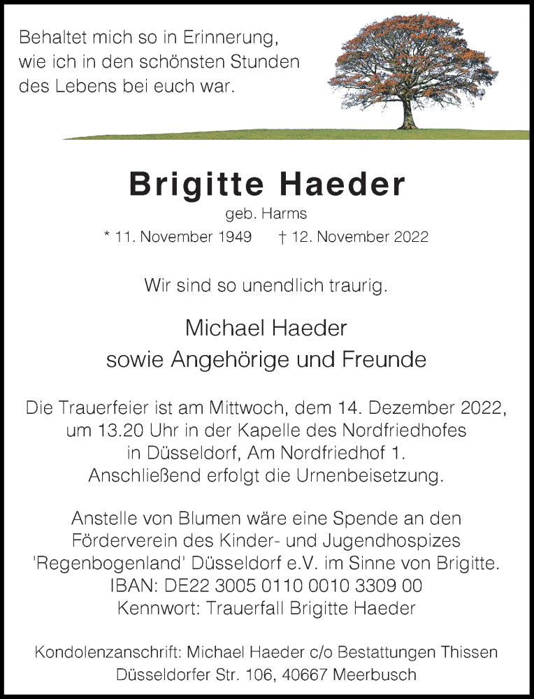  Traueranzeige für Brigitte Haeder vom 26.11.2022 aus Rheinische Post