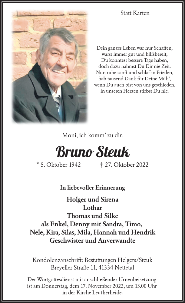  Traueranzeige für Bruno Steuk vom 05.11.2022 aus Rheinische Post