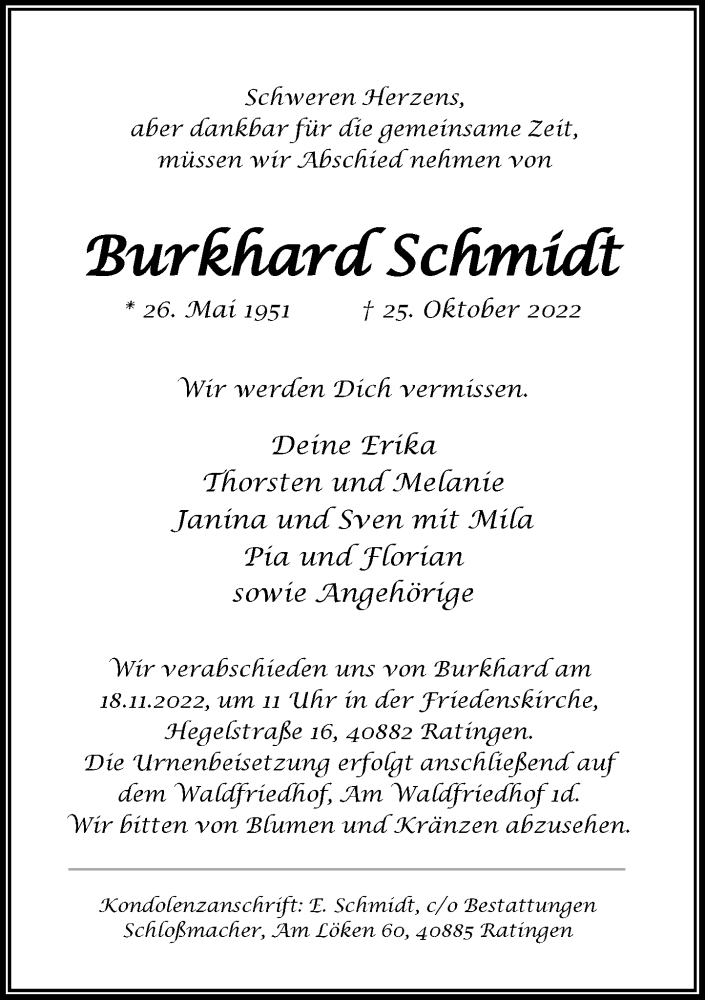  Traueranzeige für Burkhard Schmidt vom 12.11.2022 aus Rheinische Post
