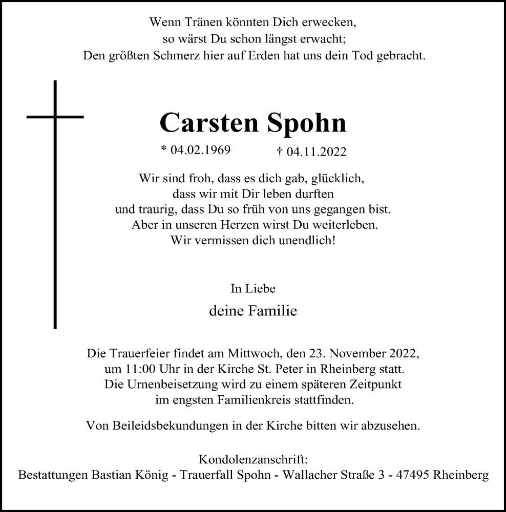  Traueranzeige für Carsten Spohn vom 12.11.2022 aus Rheinische Post