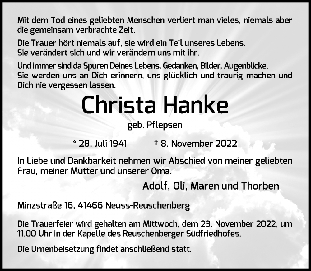  Traueranzeige für Christa Hanke vom 19.11.2022 aus Rheinische Post