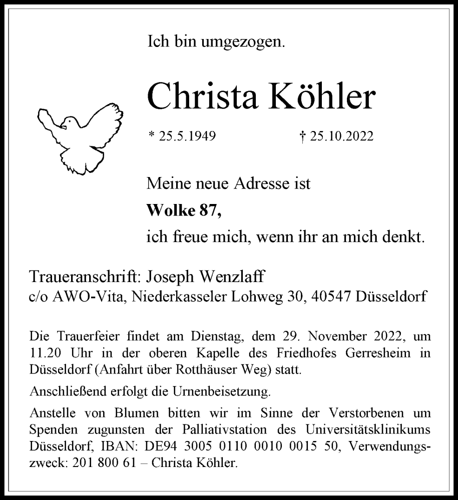  Traueranzeige für Christa Köhler vom 19.11.2022 aus Rheinische Post