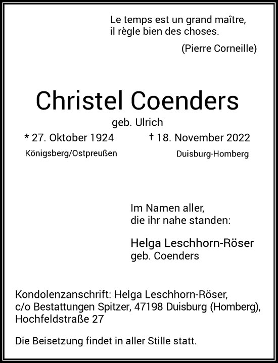 Traueranzeige von Christel Coenders von Rheinische Post