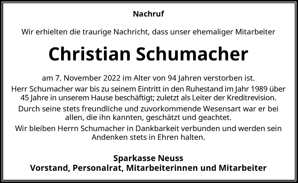  Traueranzeige für Christian Schumacher vom 19.11.2022 aus Rheinische Post
