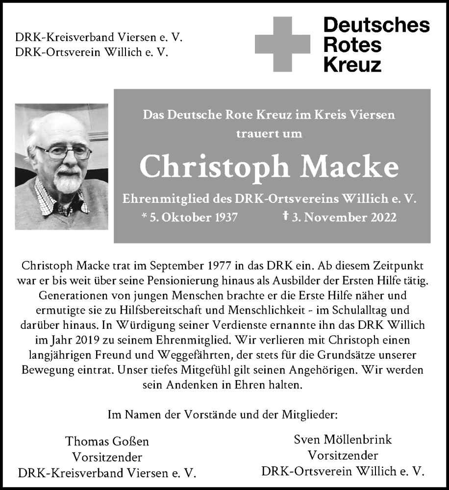  Traueranzeige für Christoph Macke vom 12.11.2022 aus Rheinische Post