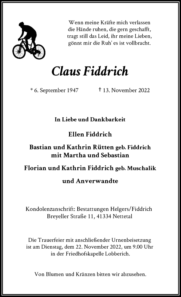  Traueranzeige für Claus Fiddrich vom 19.11.2022 aus Rheinische Post