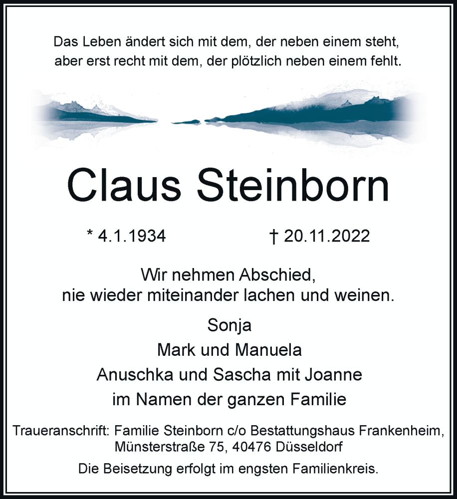  Traueranzeige für Claus Steinborn vom 03.12.2022 aus Rheinische Post
