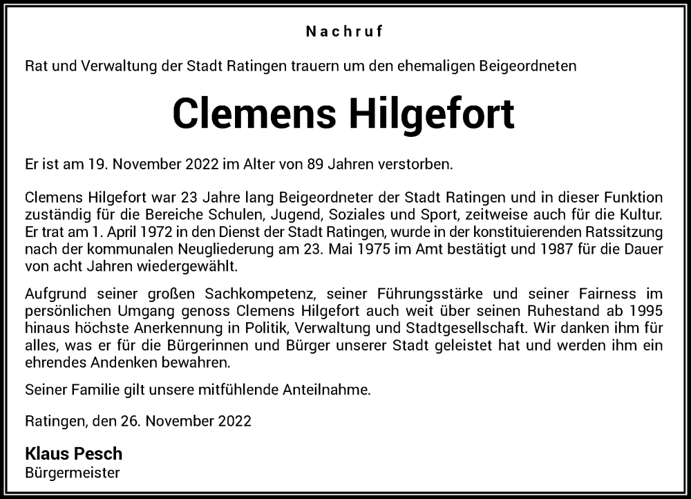  Traueranzeige für Clemens Hilgefort vom 26.11.2022 aus Rheinische Post