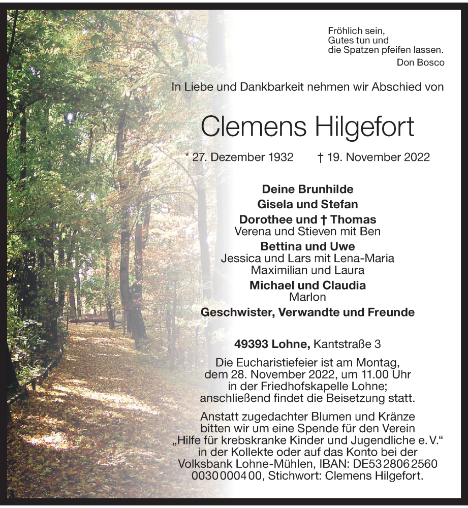  Traueranzeige für Clemens Hilgefort vom 23.11.2022 aus Rheinische Post