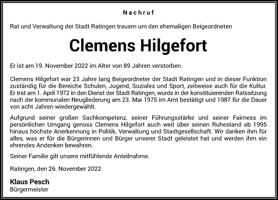 Traueranzeige von Clemens Hilgefort von Rheinische Post