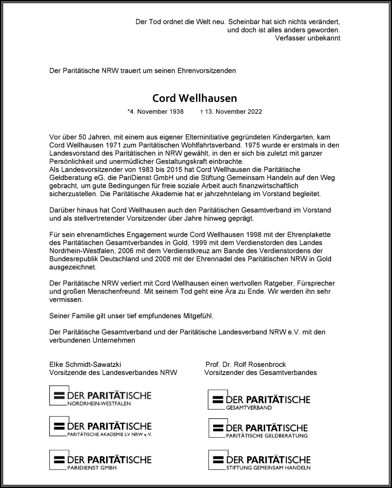  Traueranzeige für Cord Wellhausen vom 01.12.2022 aus Rheinische Post