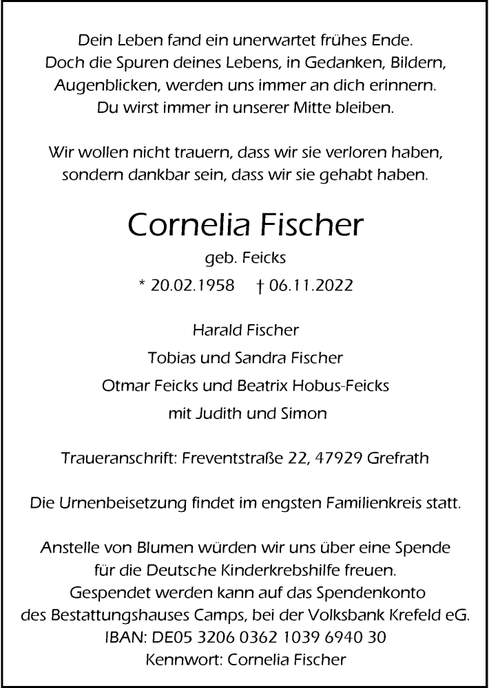  Traueranzeige für Cornelia Fischer vom 19.11.2022 aus Rheinische Post