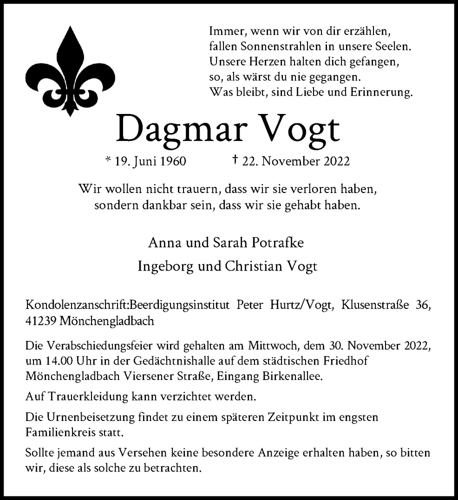  Traueranzeige für Dagmar Vogt vom 26.11.2022 aus Rheinische Post