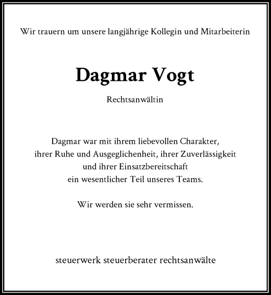 Traueranzeige von Dagmar Vogt von Rheinische Post