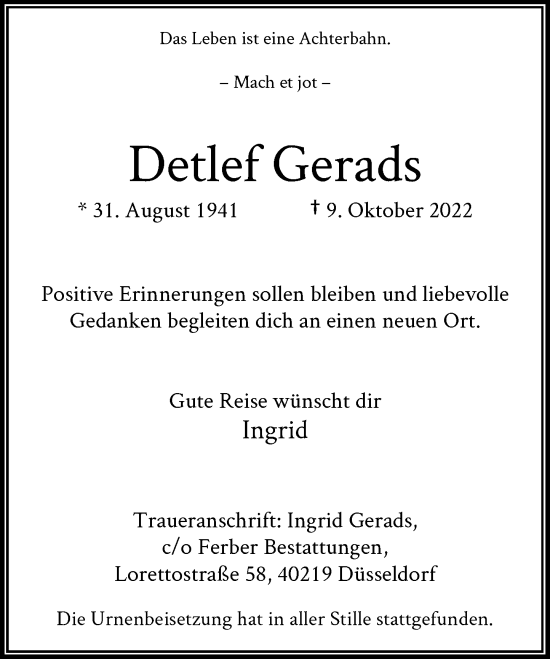 Traueranzeige von Detlef Gerads von Rheinische Post