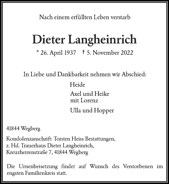 Traueranzeige von Dieter Langheinrich von Rheinische Post