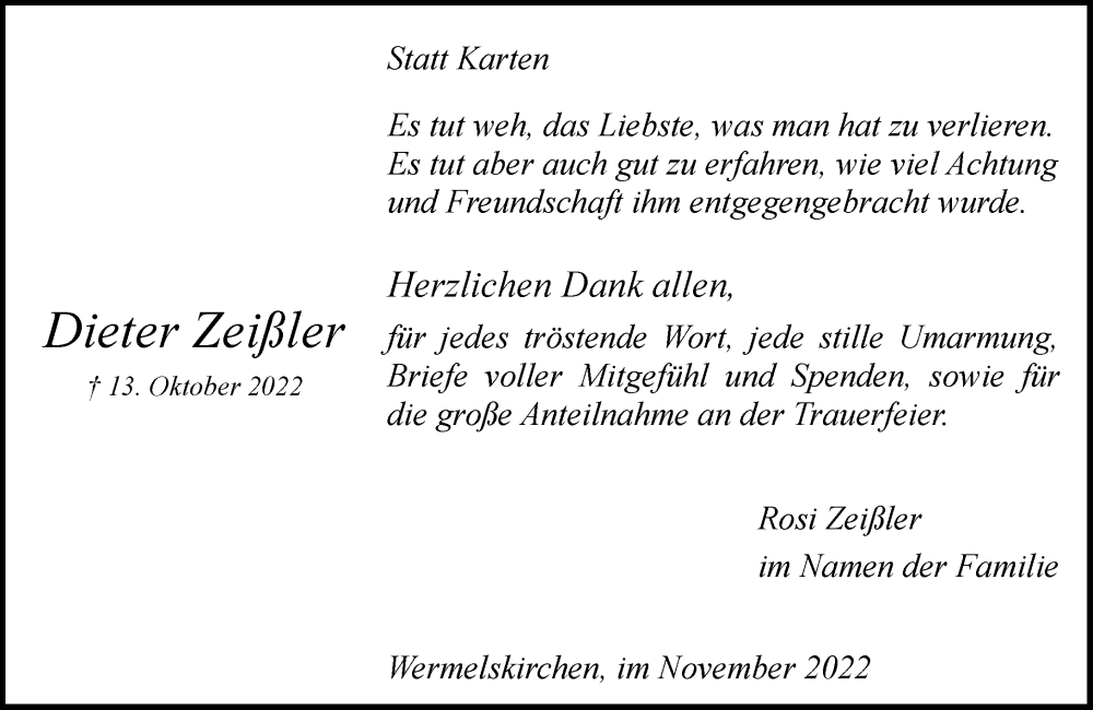  Traueranzeige für Dieter Zeißler vom 26.11.2022 aus Rheinische Post