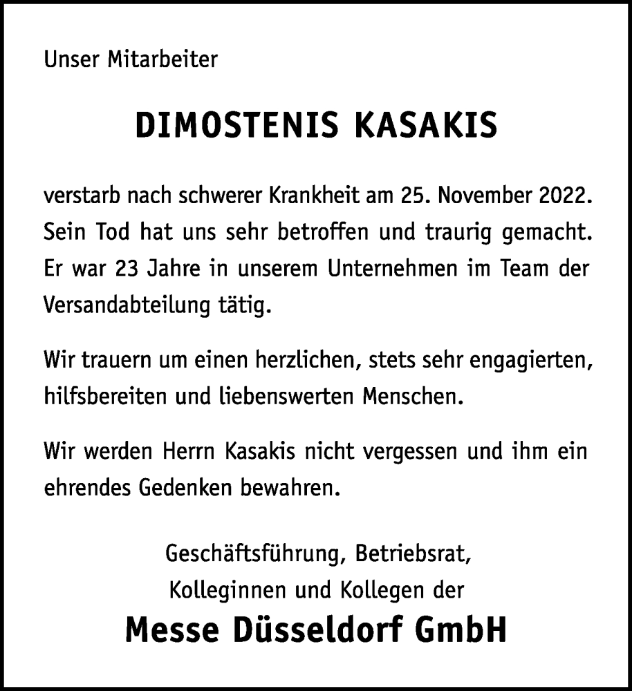  Traueranzeige für Dimostenis Kasakis vom 30.11.2022 aus Rheinische Post