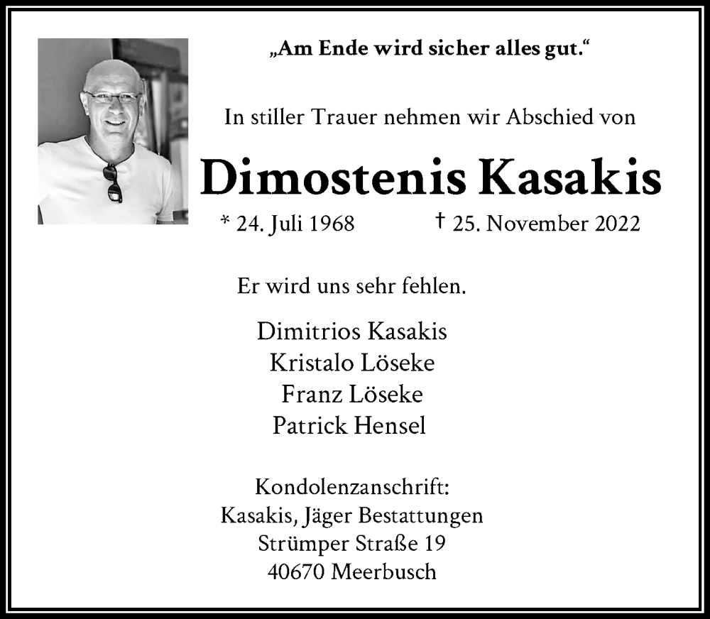  Traueranzeige für Dimostenis Kasakis vom 26.11.2022 aus Rheinische Post