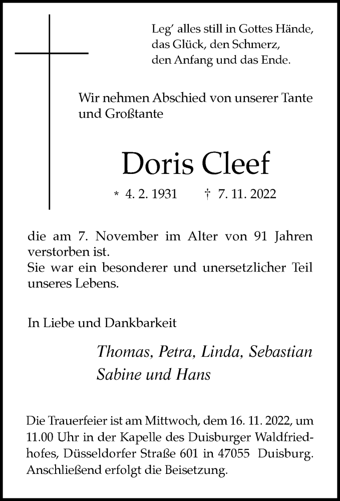  Traueranzeige für Doris Cleef vom 12.11.2022 aus Rheinische Post