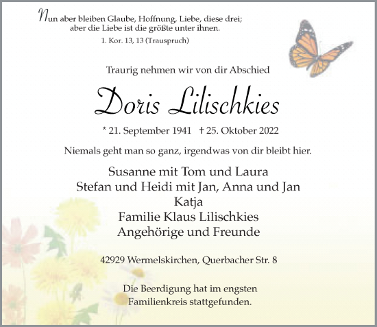 Traueranzeige von Doris Lilischkies von Rheinische Post