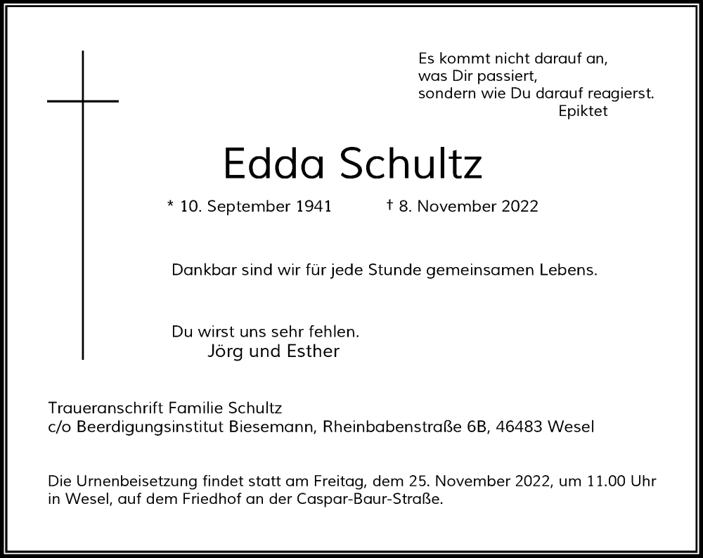  Traueranzeige für Edda Schultz vom 12.11.2022 aus Rheinische Post