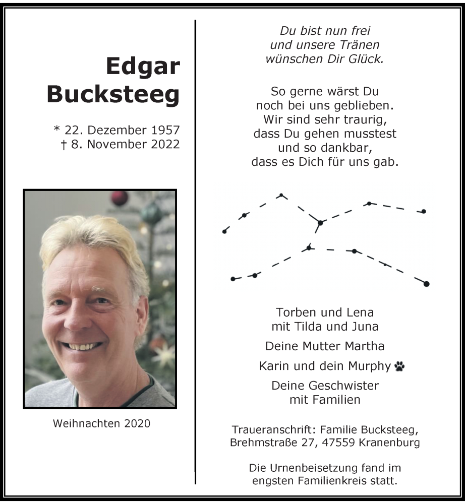  Traueranzeige für Edgar Bucksteeg vom 26.11.2022 aus Rheinische Post
