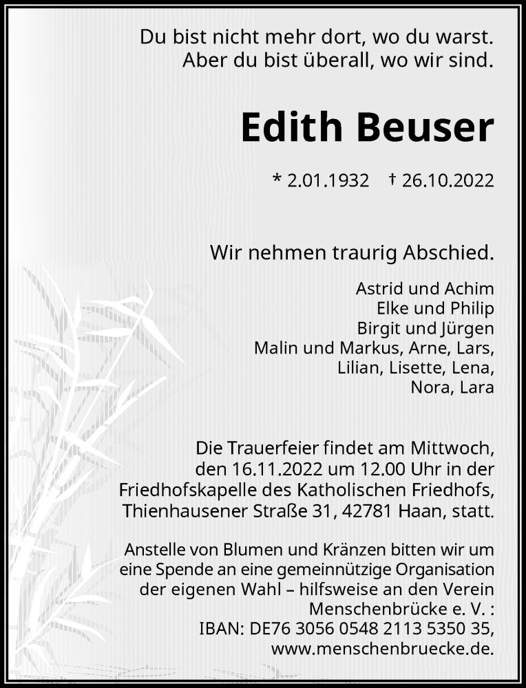  Traueranzeige für Edith Beuser vom 12.11.2022 aus Rheinische Post