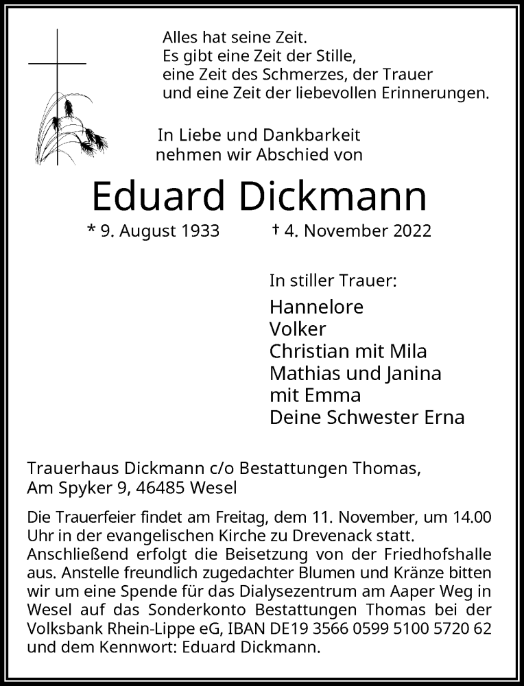  Traueranzeige für Eduard Dickmann vom 09.11.2022 aus Rheinische Post