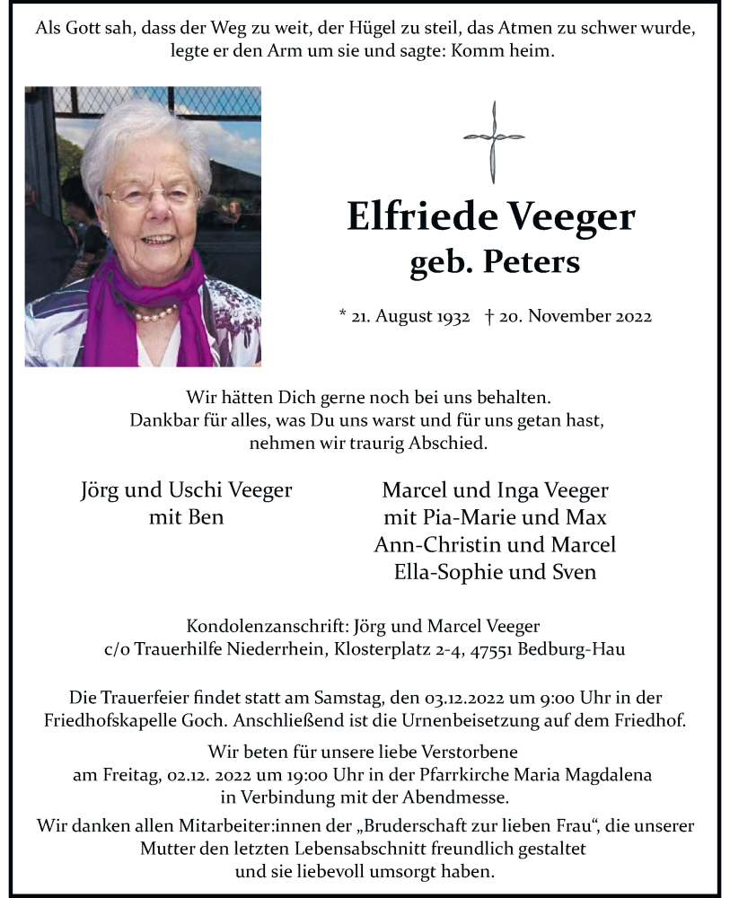  Traueranzeige für Elfriede Veeger vom 26.11.2022 aus Rheinische Post