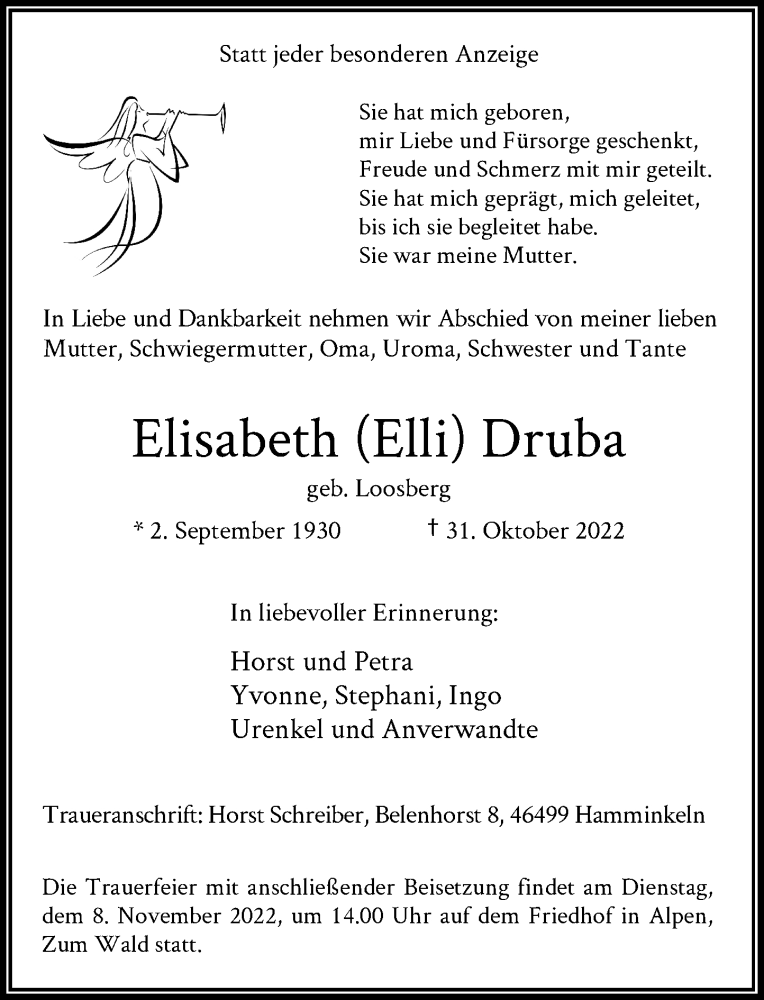  Traueranzeige für Elisabeth Druba vom 05.11.2022 aus Rheinische Post