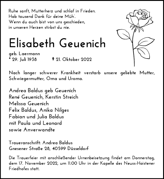 Traueranzeige von Elisabeth Geuenich von Rheinische Post