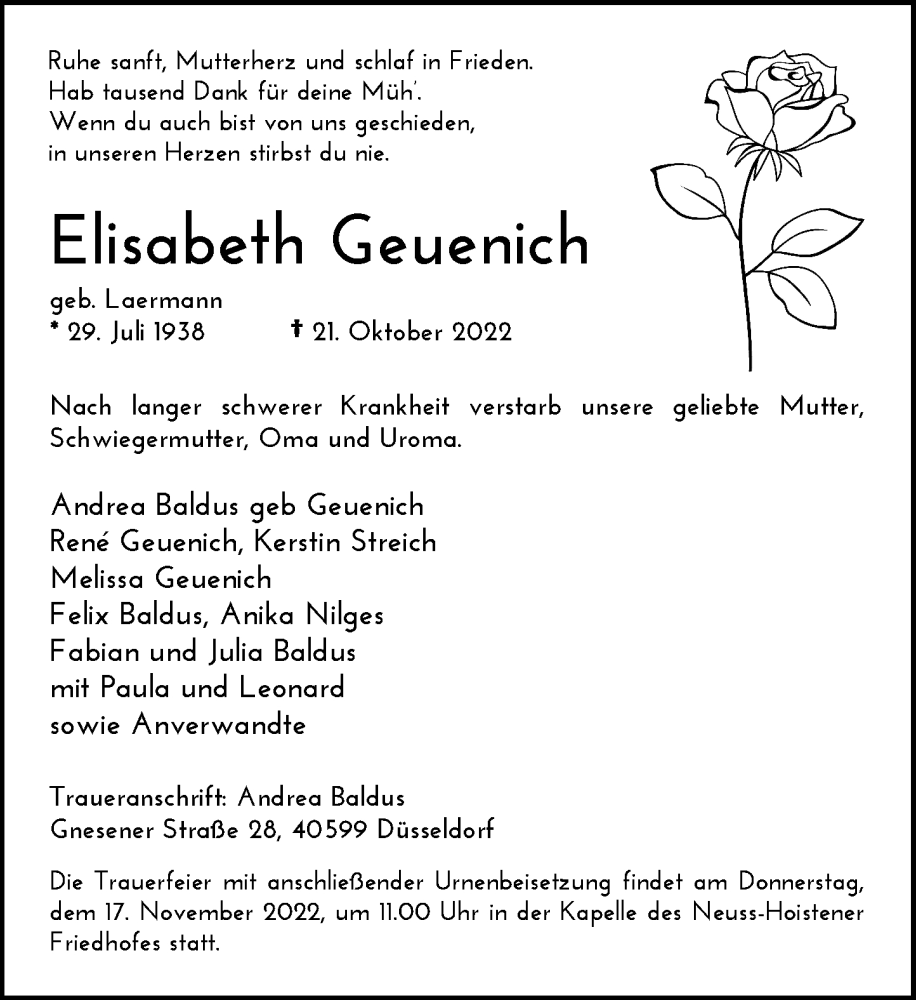  Traueranzeige für Elisabeth Geuenich vom 12.11.2022 aus Rheinische Post