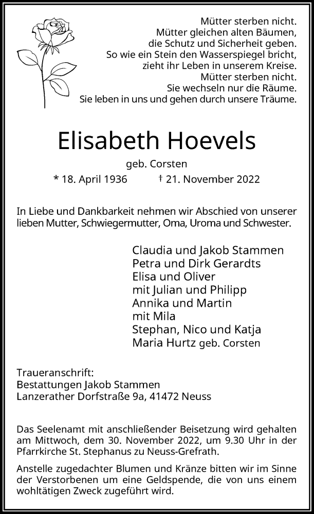  Traueranzeige für Elisabeth Hoevels vom 26.11.2022 aus Rheinische Post