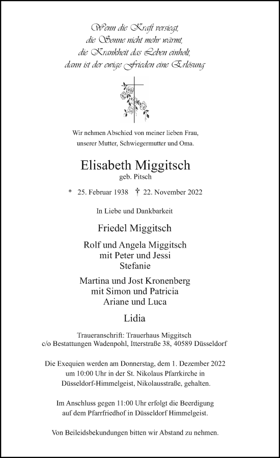 Traueranzeige von Elisabeth Miggitsch von Rheinische Post