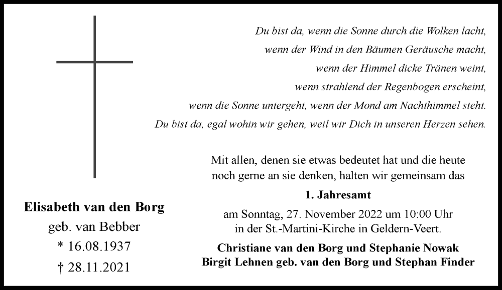  Traueranzeige für Elisabeth van den Borg vom 19.11.2022 aus Rheinische Post