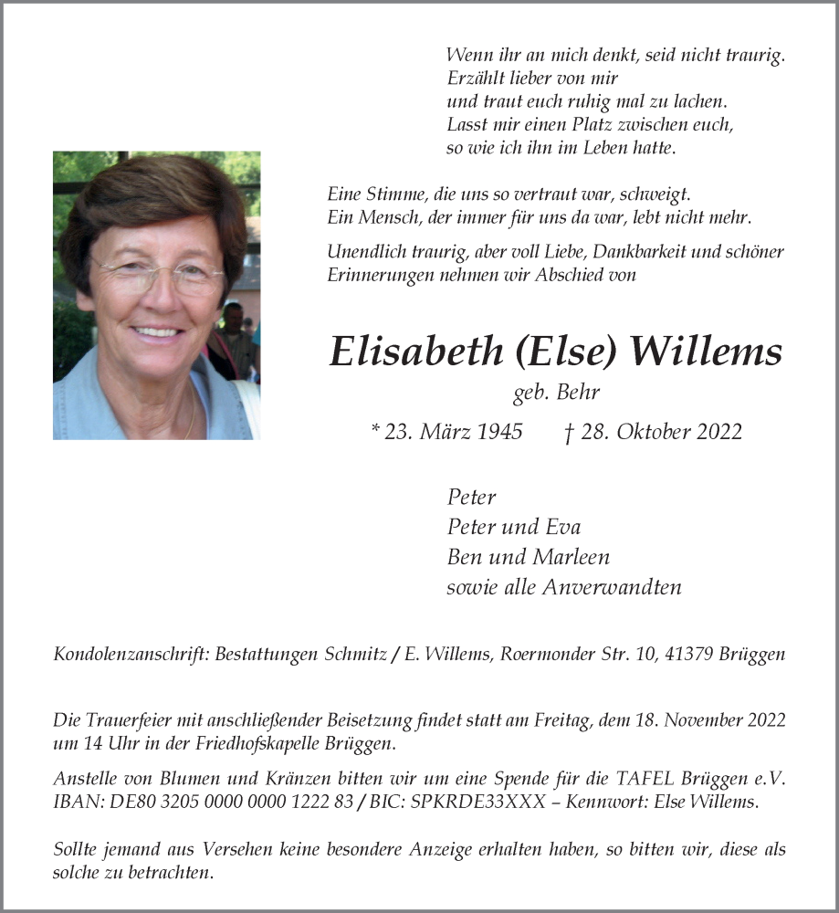  Traueranzeige für Elisabeth Willems vom 12.11.2022 aus Rheinische Post