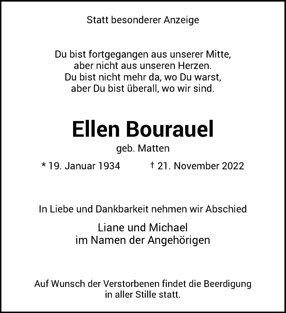  Traueranzeige für Ellen Bourauel vom 26.11.2022 aus Rheinische Post