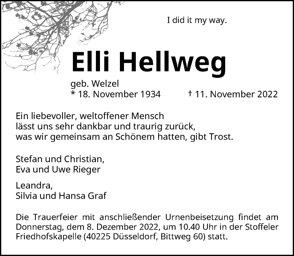  Traueranzeige für Elli Hellweg vom 26.11.2022 aus Rheinische Post