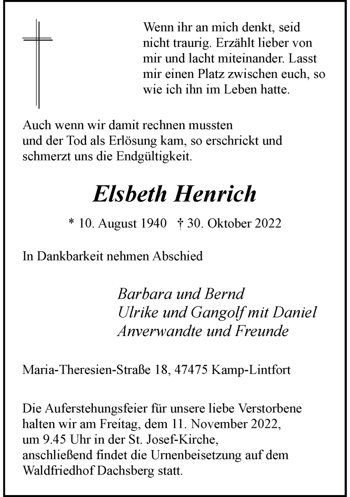  Traueranzeige für Elsbeth Henrich vom 05.11.2022 aus Rheinische Post