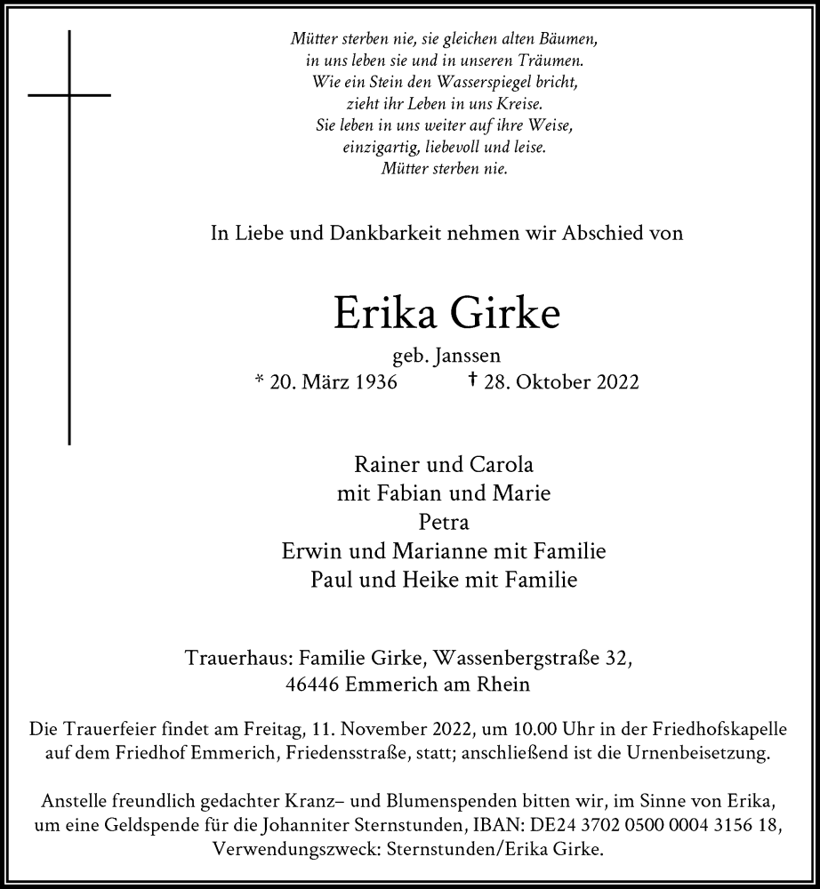  Traueranzeige für Erika Girke vom 05.11.2022 aus Rheinische Post